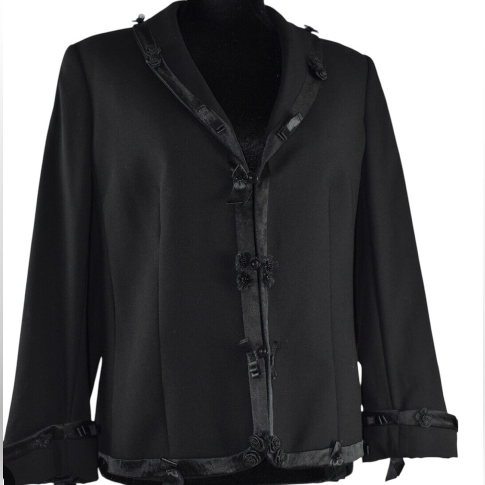 Escada Black Blazer Lined Button Up Jacket Mini Roses Flowers Trim, size 40=10